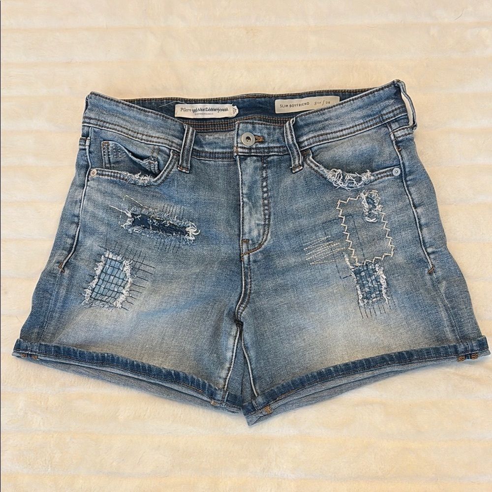 Pilcro Anthropologie distressed patchwork boyfriend denim shorts 28 boho western